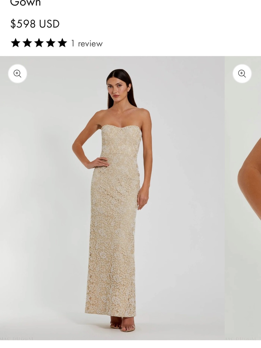 Mac Duggal Strapless Beige Beaded Lace Maxi Gown